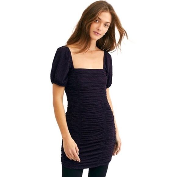 Free People She's In Parties Ruched Bodycon Dress in Navy Pink Polka Dot Size XS - Picture 2 of 14